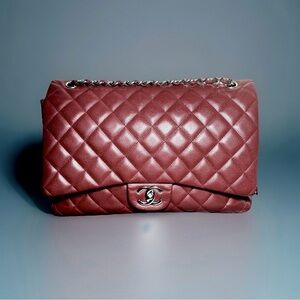 CHANEL Double Flap MAXI Shoulder Bag - Wine Red with Silver Caviar leather